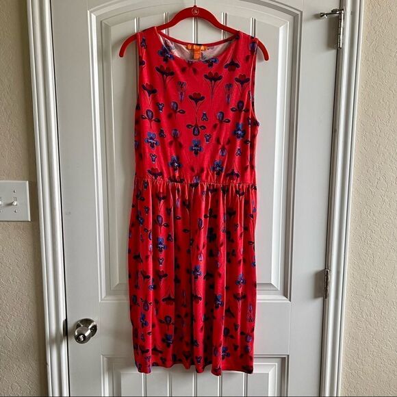 Joe Fresh Red Floral Print Sleeveless Gathered Midi A Line Dress SZ M BNWT - Picture 1 of 6